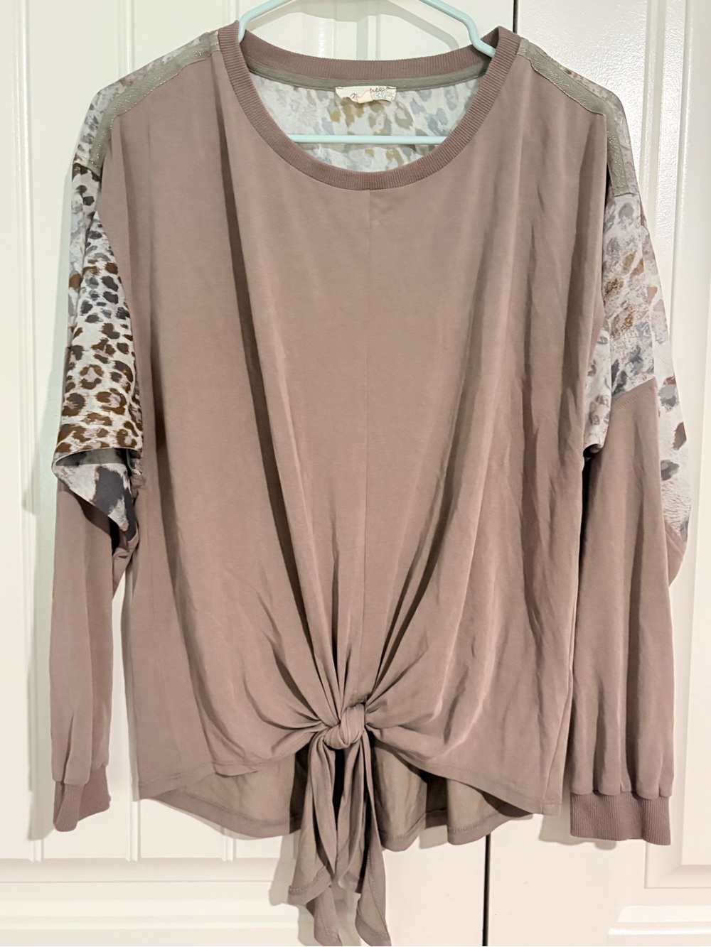Mystree Taupe Tie-Front Long Sleeve Boutique Top with Leopard Accent